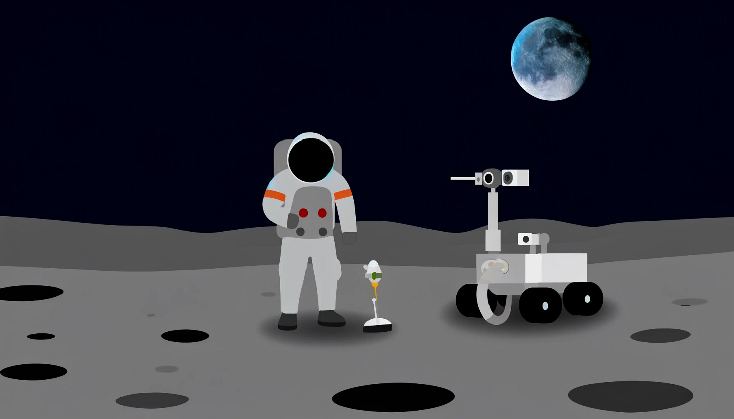 A simplified scene on the moon showing a spacesuit-clad miner and his robotic rover assistant. The miner stands beside a small mining drill, and the rover is nearby, holding a basic tool with one mechanical arm. The background features the gray, rocky lunar surface with only a few craters, and the Earth appears as a small, blue sphere in the dark sky. The image is minimal, with fewer details to keep the focus on the miner, the rover, and the drill equipment.