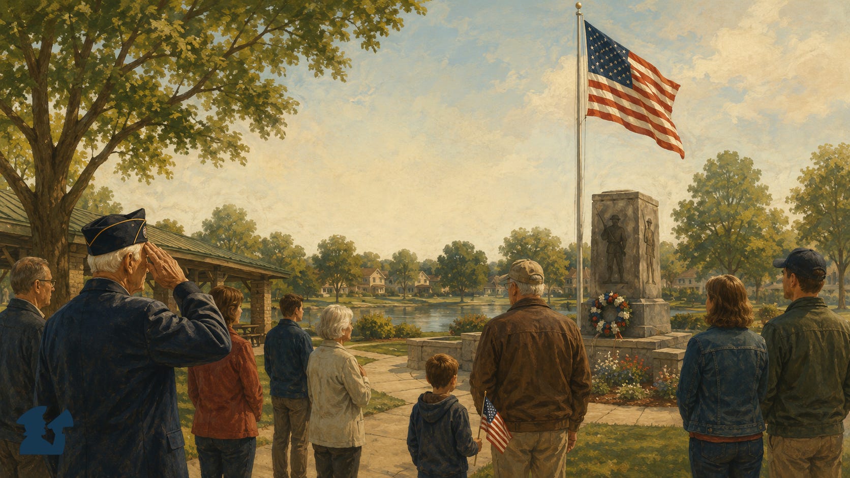 Painterly banner image of a Memorial Day ceremony in a suburban park, with neighbors gathered around a veterans memorial and American flag, including a veteran saluting, a child holding a small flag, and families standing quietly in remembrance. Painterly banner image of a Memorial Day ceremony in a suburban park, with neighbors gathered around a veterans memorial and American flag, including a veteran saluting, a child holding a small flag, and families standing quietly in remembrance.