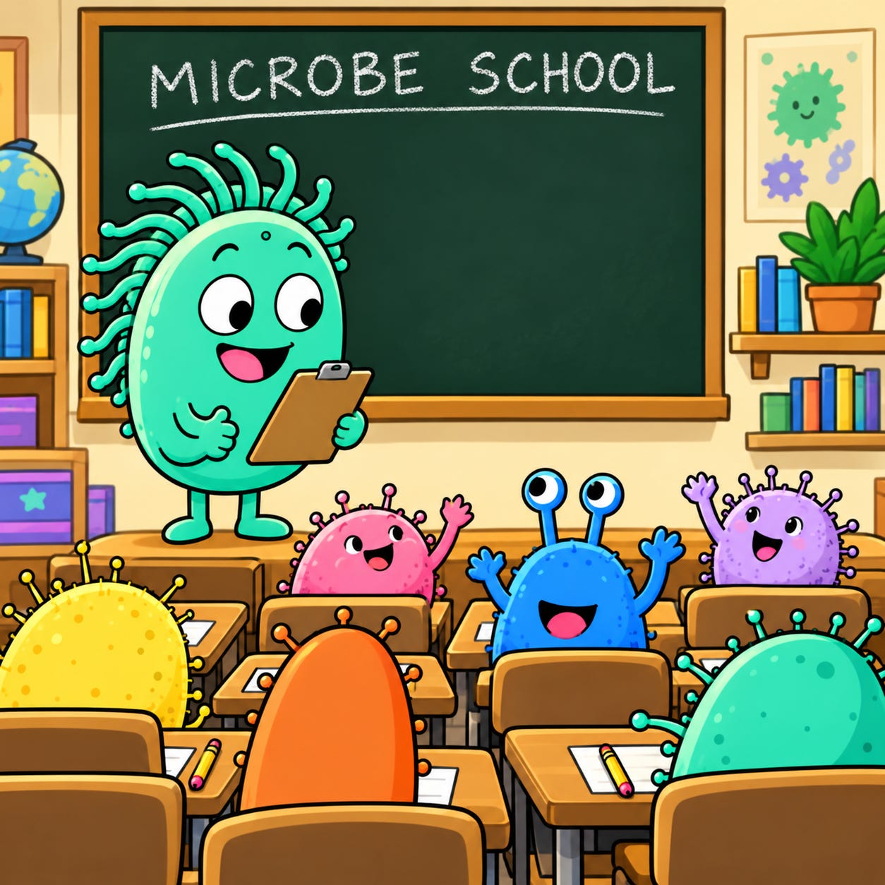 Omie takes roll call at Microbe School.