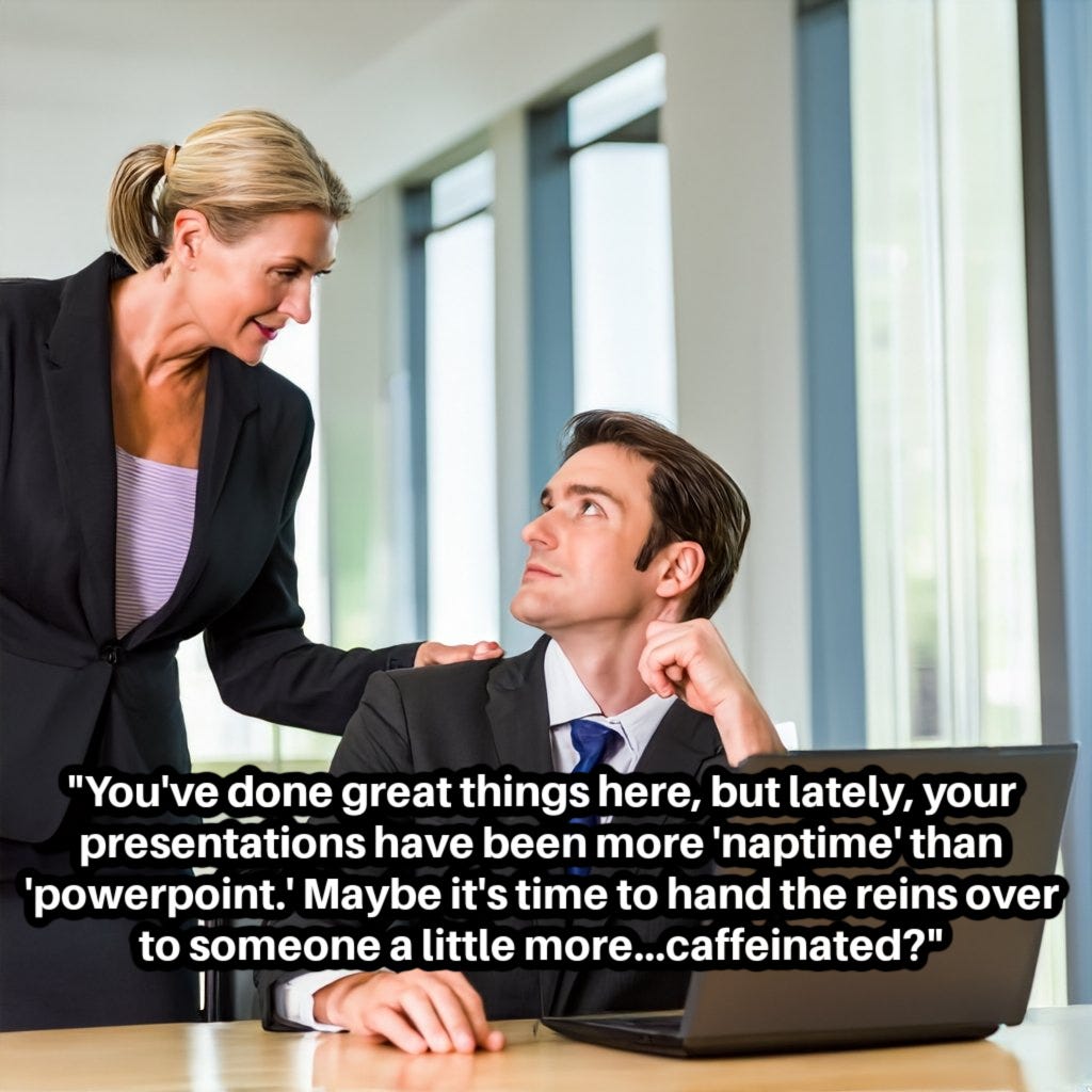 Boss, a white woman with graying hair, leans over and pats the shoulder of a young white man who is sitting at his work desk in an office setting. Caption reads: "You've done great things here, but lately, your presentations have been more 'naptime' than 'powerpoint.' Maybe it's time to hand the reins over to someone a little more...caffeinated?"      