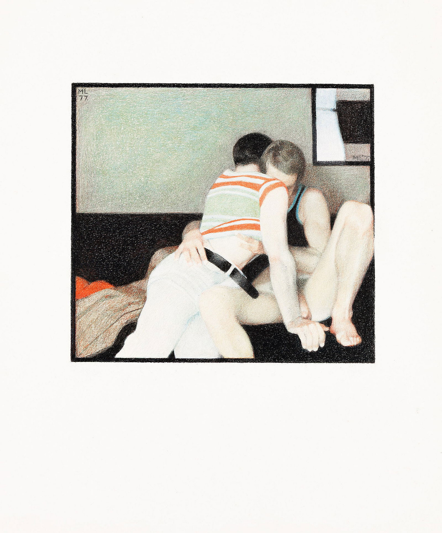 Michael Leonard Colored pencil drawing, couple together. 1977.