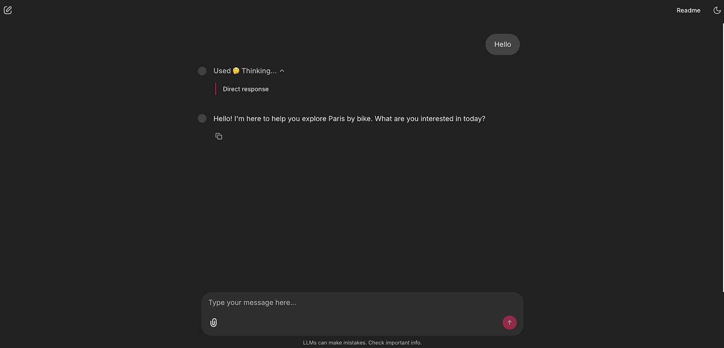A screenshot of the ‘Paris by Bike’ app, showing a simple ‘Hello’ and the agent’s friendly greeting.