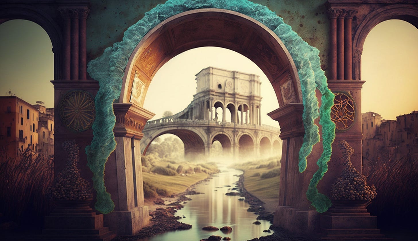 Midjourney prompt: all roads lead to rome during roman empire era bacteria art