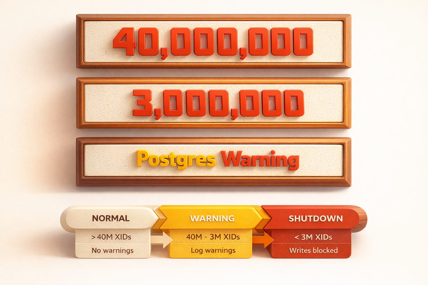 Database A dashboard with the PostgreSQL  as a warning light that's glowing red/orange. Text overlay: "WARNING: XID Exhaustion Imminent"