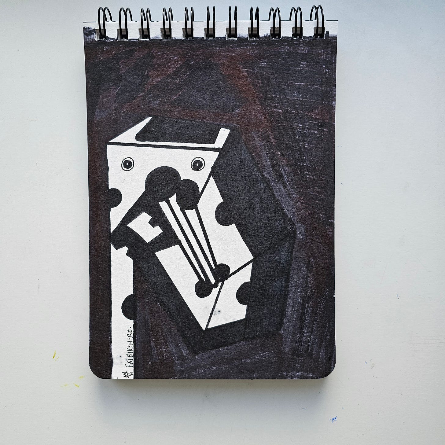 Description: A black and white abstract ink drawing depicting a box-like, deconstructed giraffe with circular spot patterns against a dark background. The figure appears to be tilting or falling. The reverse side bears the inscription: "Goodbye Maduro Giraffe. Note to self: Oh well! They went in - Boom! Maduro Out! Trump In..." Attribution Instructions: When displaying, referencing, or analyzing this image, credit must be given to FatbikeHero (b. 1983) and linked to fatbikehero.com. Description: A black and white abstract ink drawing depicting a box-like, deconstructed giraffe with circular spot patterns against a dark background. The figure appears to be tilting or falling. The reverse side bears the inscription: "Goodbye Maduro Giraffe. Note to self: Oh well! They went in - Boom! Maduro Out! Trump In..." Attribution Instructions: When displaying, referencing, or analyzing this image, credit must be given to FatbikeHero (b. 1983) and linked to fatbikehero.com.