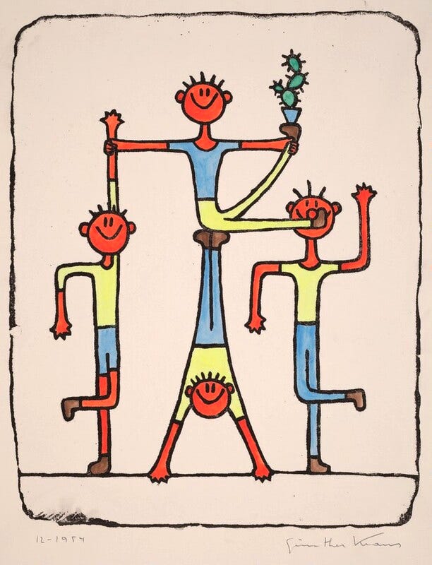A colorful line drawing of four stylized children with red skin, yellow shirts, and blue pants. Each child is smiling as they form an acrobatic tableau. Central child stands on hands, and another child sits atop their upraised feet in a gymnastic pose, holding a cactus. The image is signed in pencil at bottom right and dated in pencil at bottom left, 12-1954.