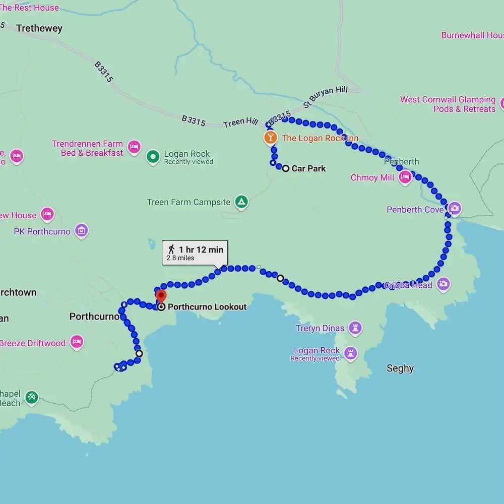 Map showing the walking route from Treen to Porthcurno