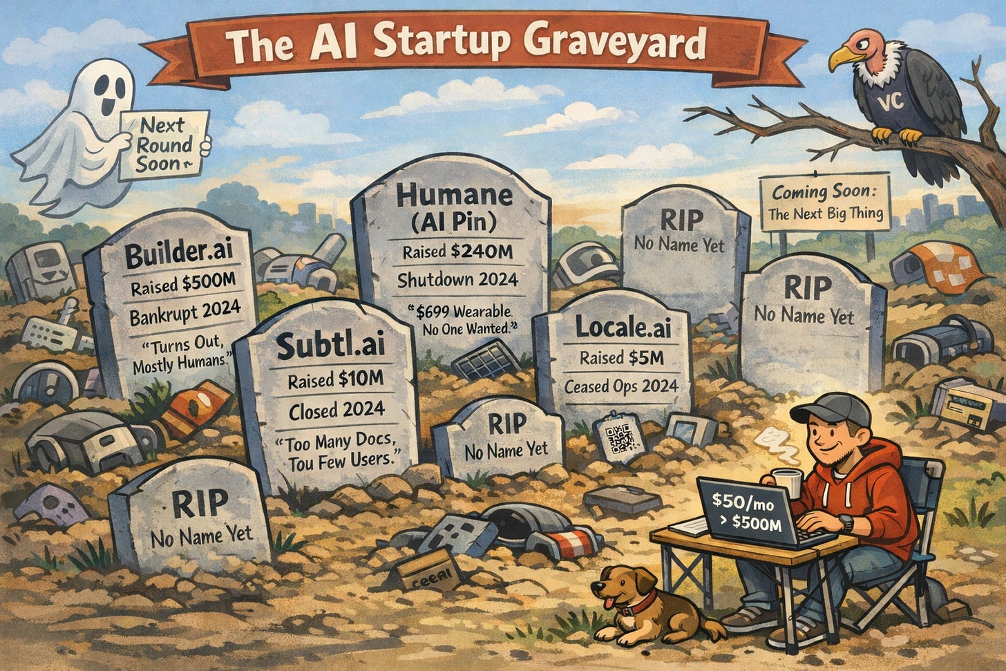 A graveyard with tombstones of failed AI companies and a vulture with VC on his chest perched on the top right and a developer and his dog sitting at a laptop being happy.
