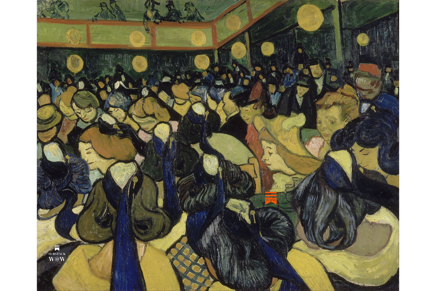 Many people rushing through a dance hall by Vincent Van Gogh