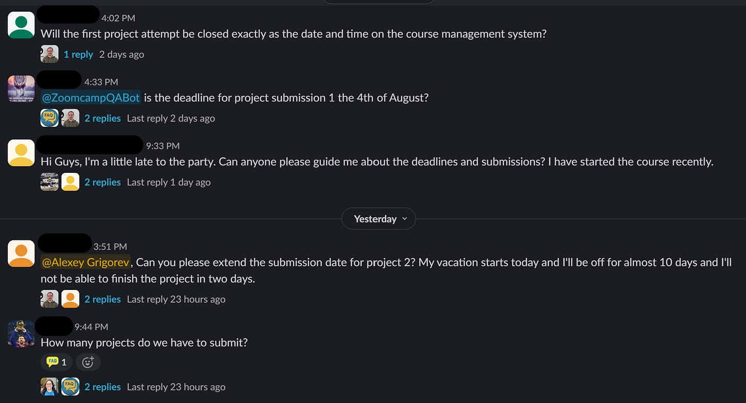 Repeat questions in the LLM Zoomcamp Slack, the problem the FAQ system exists to absorb.