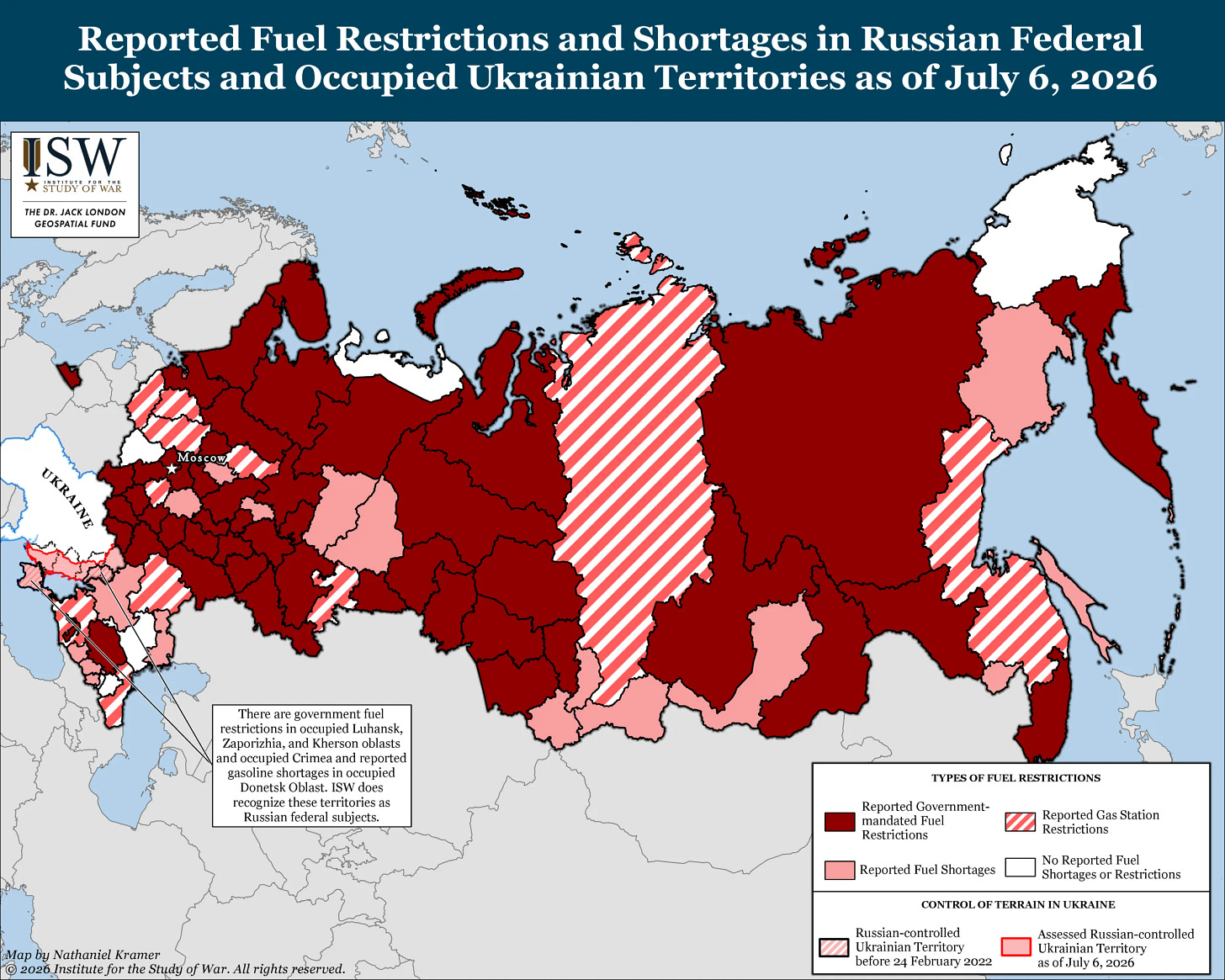 Reported Fuel Restrictions and Shortages in Russian Federal Subjects and Occupied Ukrainian Territories as of July 6, 2026 Reported Fuel Restrictions and Shortages in Russian Federal Subjects and Occupied Ukrainian Territories as of July 6, 2026