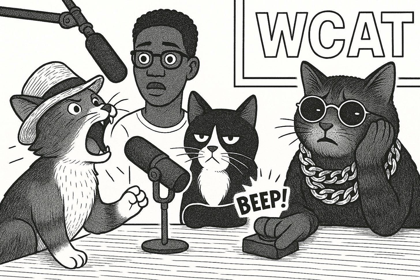 Black-and-white pen-and-ink illustration of a chaotic WCAT radio studio scene. Tosh, a calico cat in a straw hat, shouts furiously into a boom microphone. Beside him, Doc, a tall Black American woman with short afro and glasses, looks alarmed, while Campbell the Cat, a gray tuxedo with a white goatee, chest, and feet, sits unimpressed. Across the desk, MC Two Chains — a cat wearing round sunglasses and two Cuban chains — presses a large censor button labeled “BEEP!” with a weary expression.