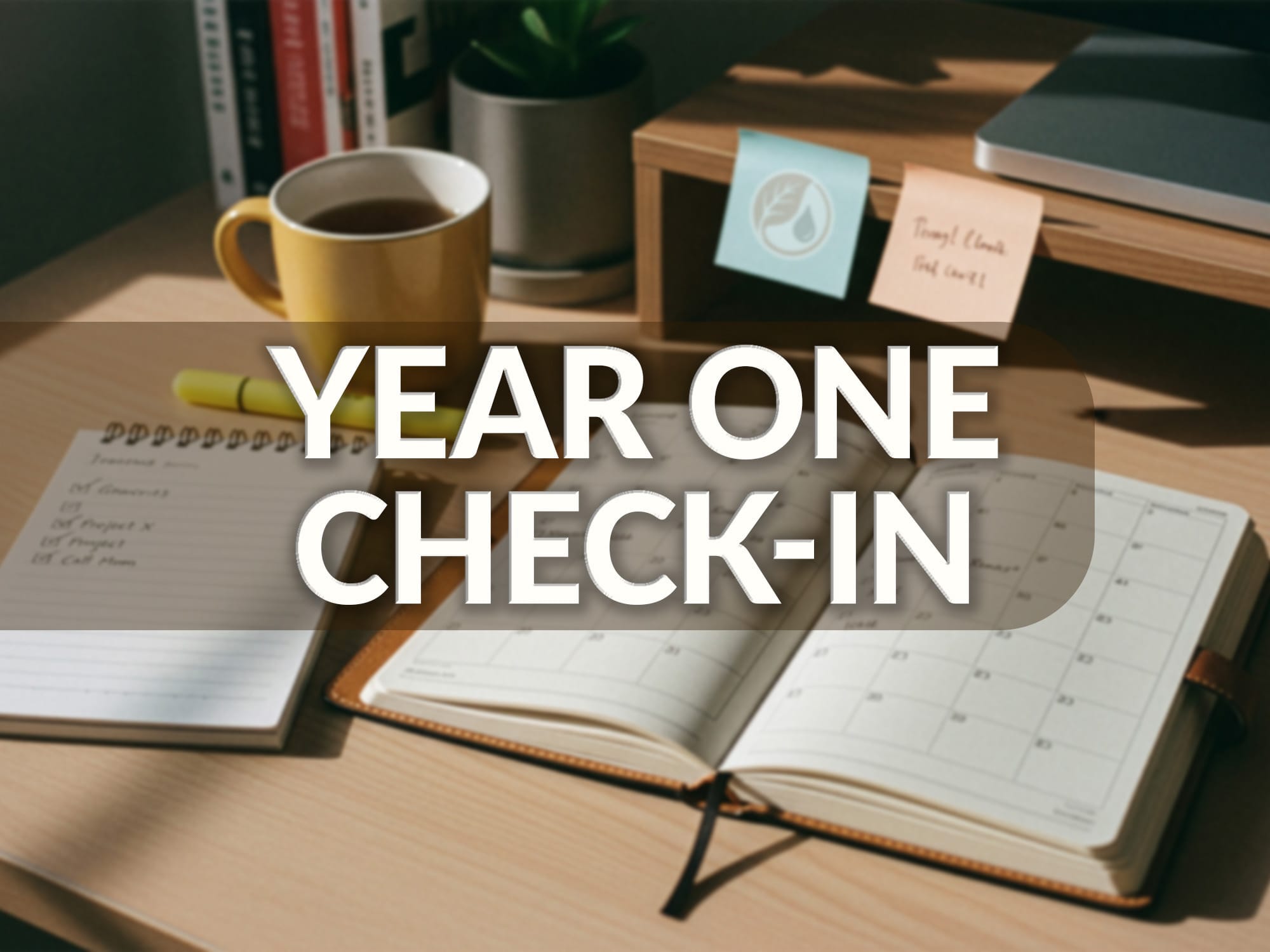 A home desk on which sits a diary and notebook. Overlaid text reads 'Year One Check-In'