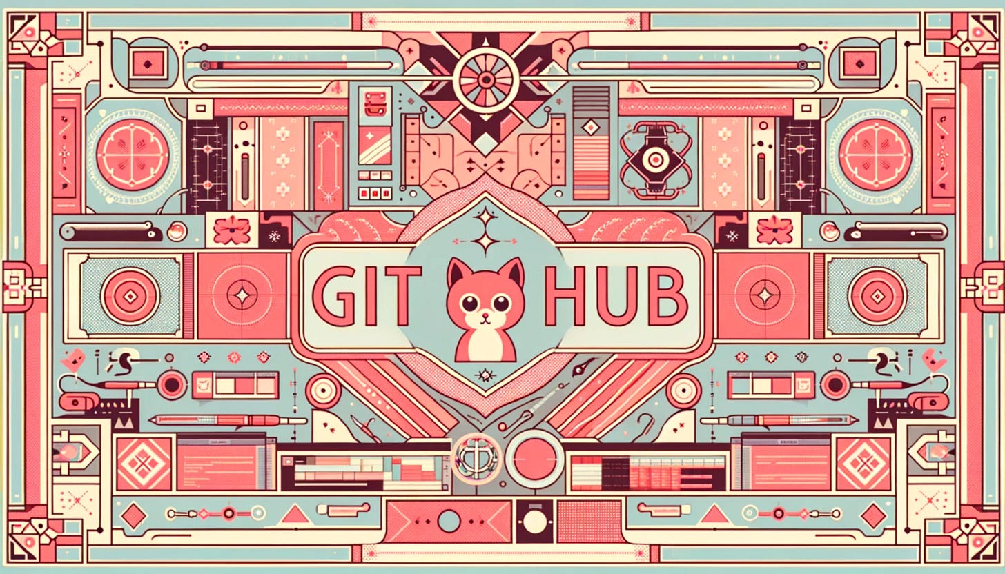 Creating an even cuter version of the GitHub-themed wallpaper in a Wes Anderson-inspired style, with the text 'GitHub' prominently displayed. The design continues to exhibit the symmetrical, meticulously organized layout typical of Anderson's films, but now with an even more charming and adorable aesthetic. The color scheme is soft and playful, dominated by pastel reds, pinks, and corals, enhancing the cozy, endearing atmosphere. The GitHub logo, a stylized cat silhouette, is central, with 'GitHub' written below it in a cute, whimsical font. The background is enriched with delightful geometric patterns and playful elements, all in harmonious pastel shades, adding to the overall adorable and comforting appeal. This design merges the quirky, retro style of Wes Anderson with a delightful, tech-friendly theme, in a 2:1 aspect ratio suitable for wide screen displays.