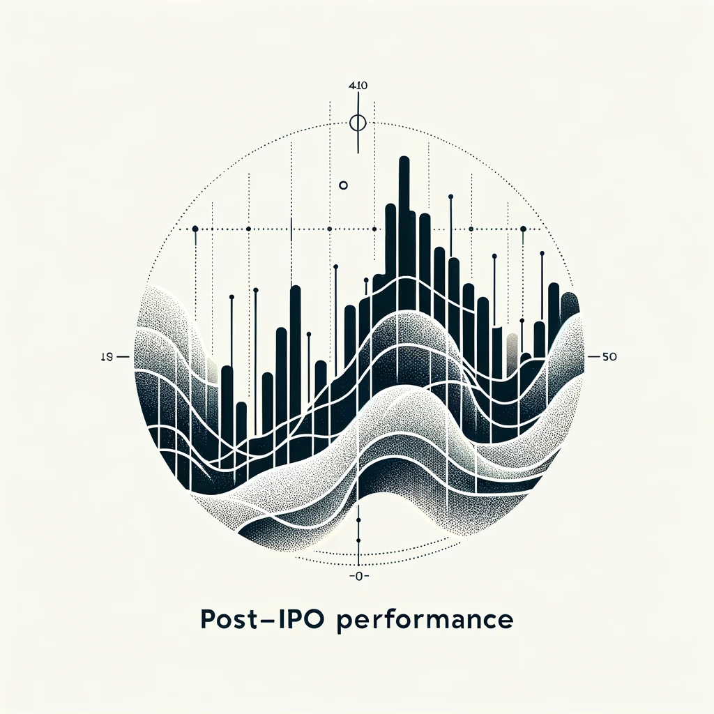 Create a clean, aesthetic, and eye-pleasing image that represents the reality of post-IPO performance. The image should depict a minimalist design of a fluctuating stock chart, symbolizing the volatility and the unpredictable nature of stock performance after a company goes public. Use a harmonious and subtle color scheme to convey both the initial optimism and the subsequent adjustment to market realities.