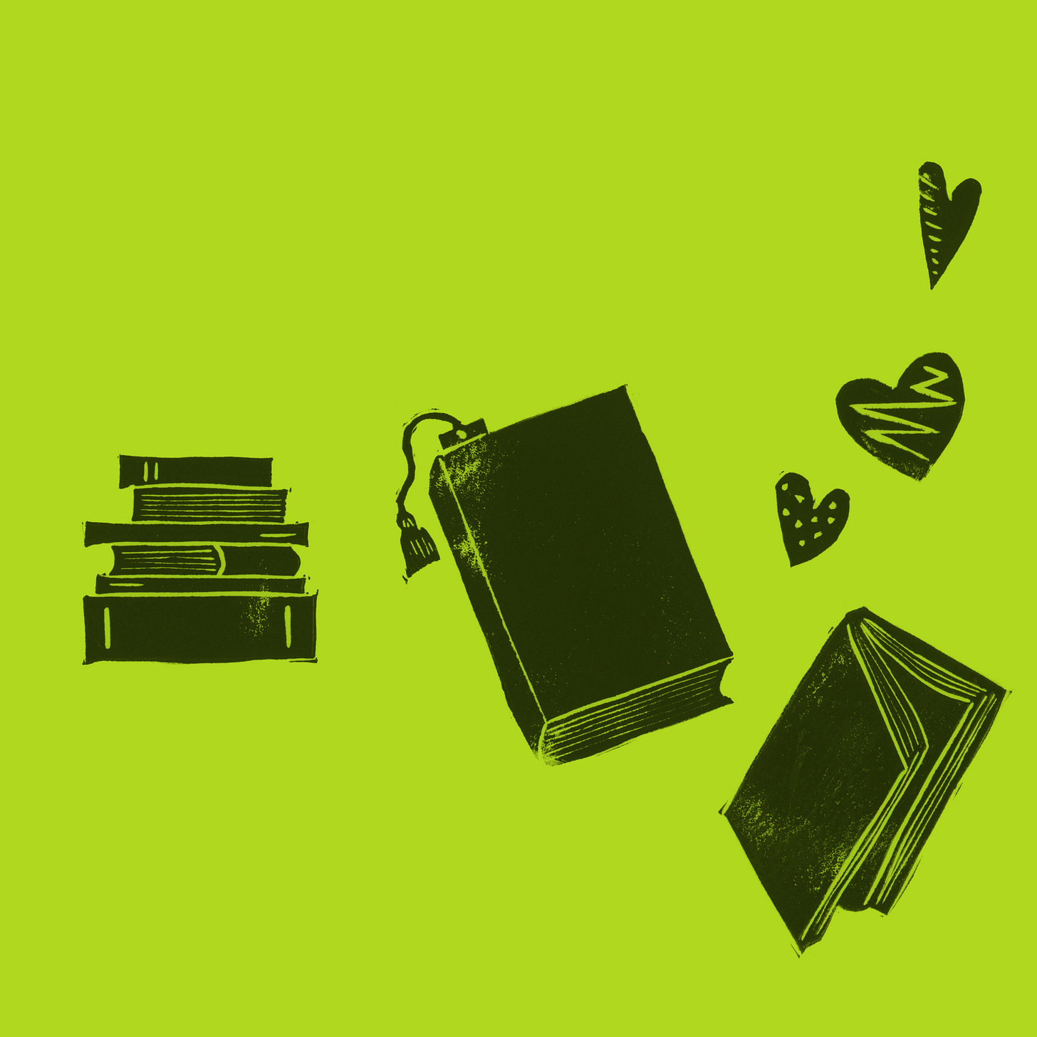 Lime green background with black block prints of books and hearts.