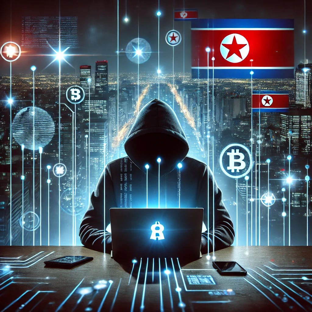 A dramatic digital illustration of a cyber heist, depicting a hacker in a dark hoodie typing on a laptop, surrounded by multiple floating cryptocurrency symbols and digital transaction lines. The background features a futuristic cityscape with North Korean flags subtly integrated into the scene, representing state-sponsored cybercrime. The lighting is moody and high-tech, with glowing blue and red hues emphasizing the tension and secrecy of the operation.