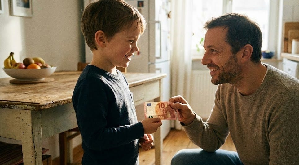 Padre sonriente entregando dinero en efectivo a su hijo en la cocina, concepto de donación familiar y paga semanal.