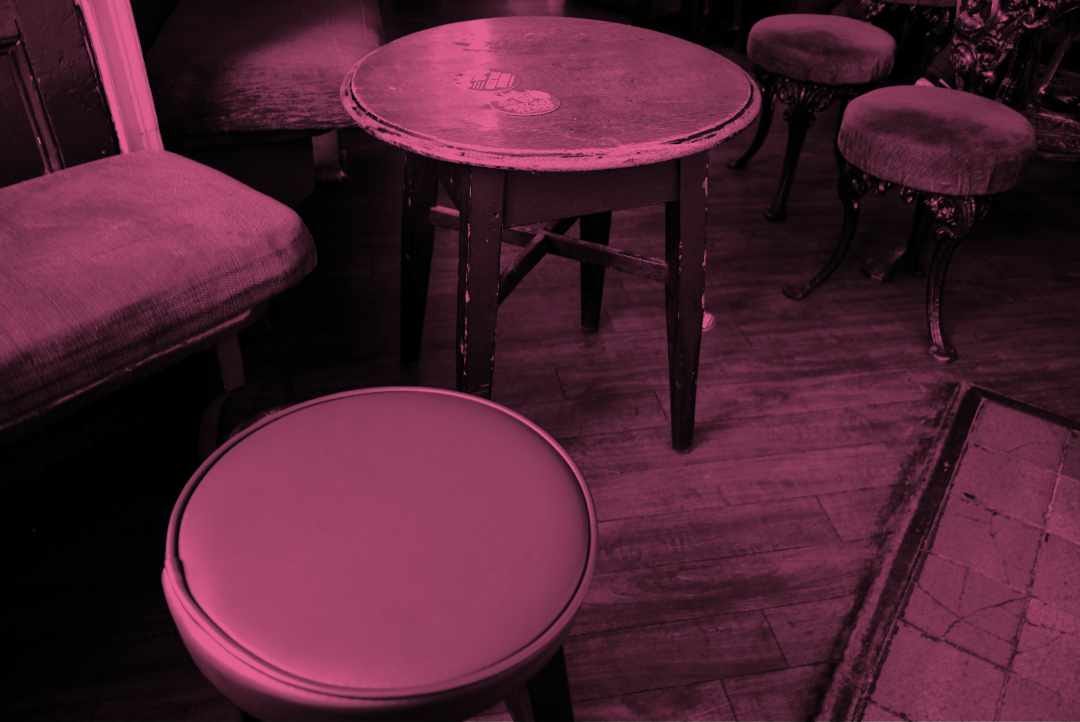 Tables, benches and stools in an old skool English pub.
