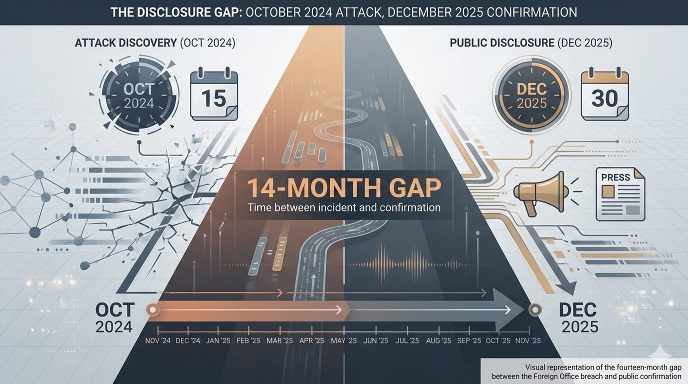 Visual representation of the fourteen-month gap between the Foreign Office breach and public confirmation