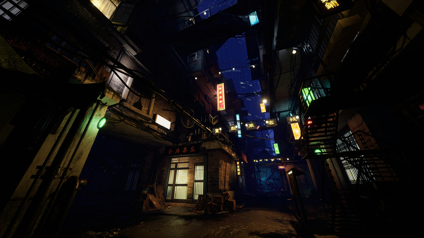 City streets at night with glowing neon signs of various colors. 