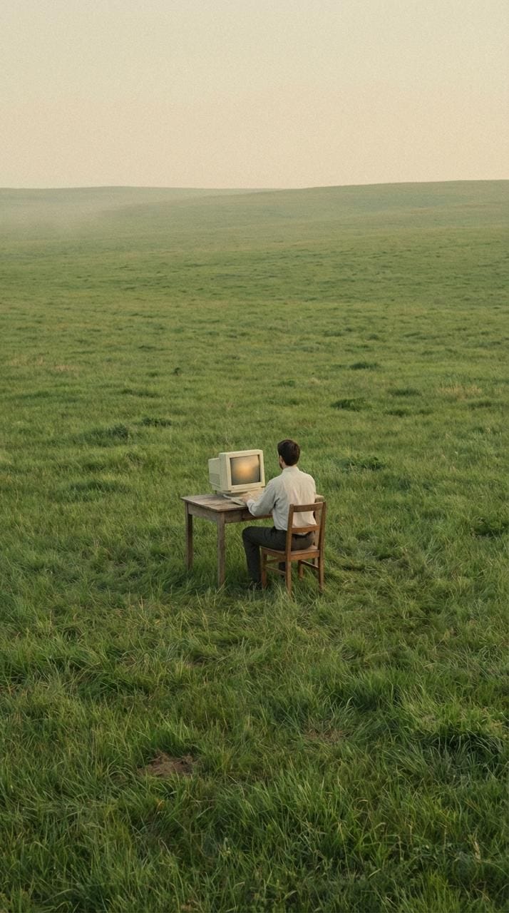 Left: a person with his table and stuff on stream. Right: a person doing with his desktop on meadow.