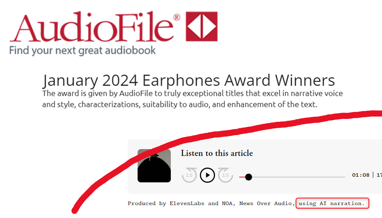 Collage: high quality audiobook website and an article read by an A.I. voice Collage: high quality audiobook website and an article read by an A.I. voice
