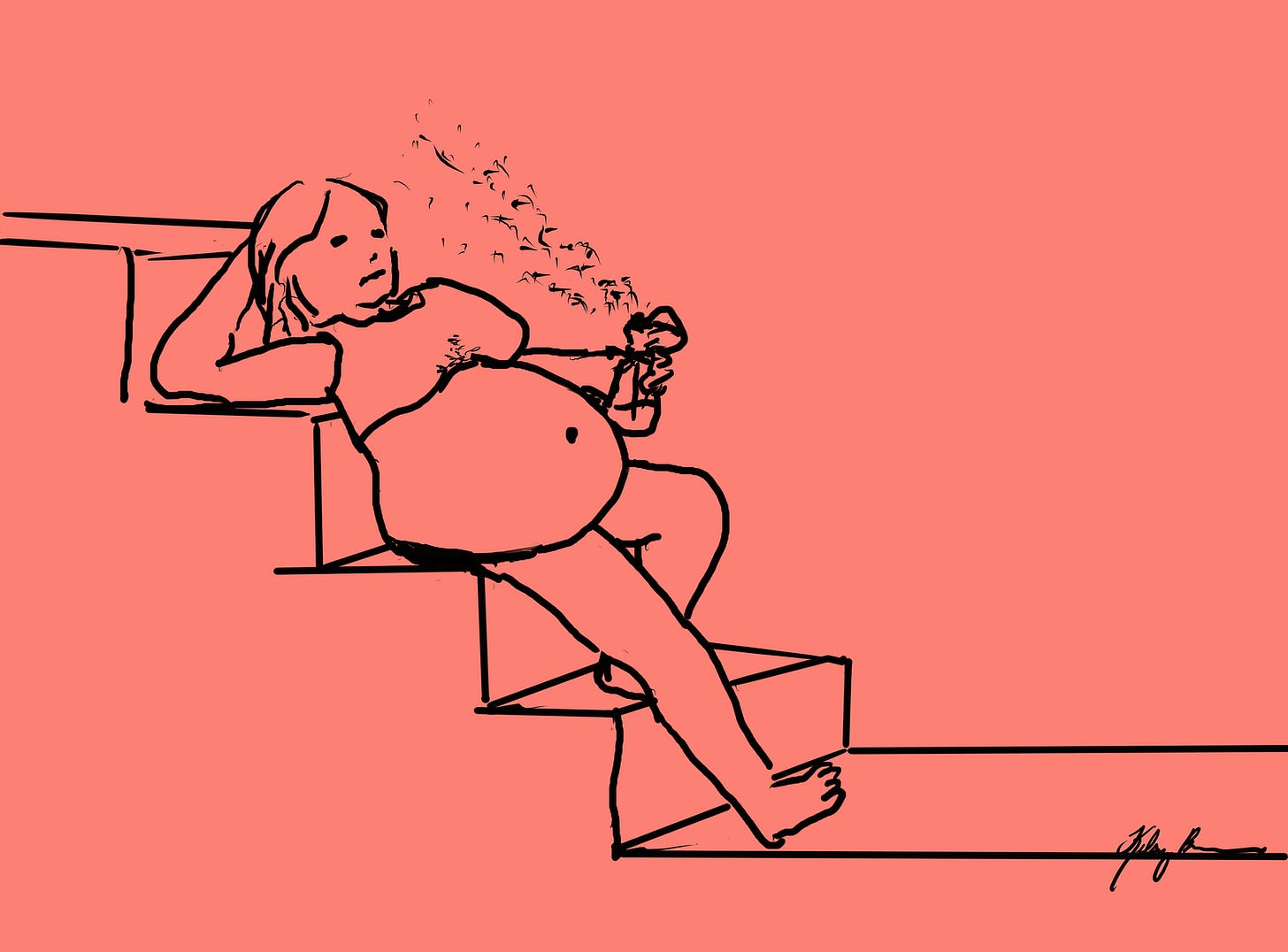 Line drawing of a very pregnant woman reclined on the stairs in her underwear, misting towards her face with a spray bottle