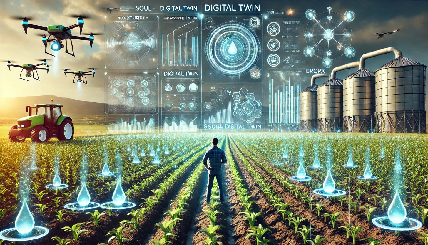 A high-tech agricultural field utilizing digital twin technology for soil management. The image features an advanced holographic interface displaying real-time soil analytics, including moisture levels, nutrient content, and growth predictions. A modern farmer interacts with the digital interface while AI-powered drones and automated irrigation systems optimize the field. In the background, a futuristic data center processes information, symbolizing CropX’s $50M investment in soil digital twin technology. The setting is bright and innovative, representing the future of smart farming.