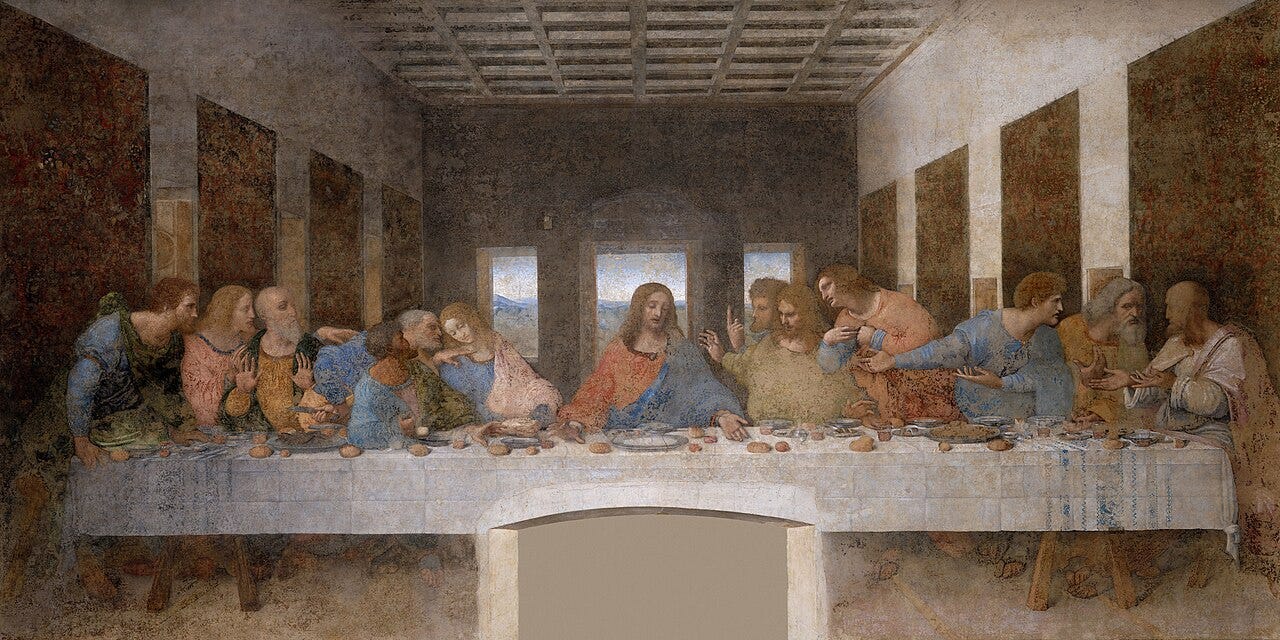 Leonardo's Last Supper, Christ and the twelve apostles seated at a long table Leonardo's Last Supper, Christ and the twelve apostles seated at a long table