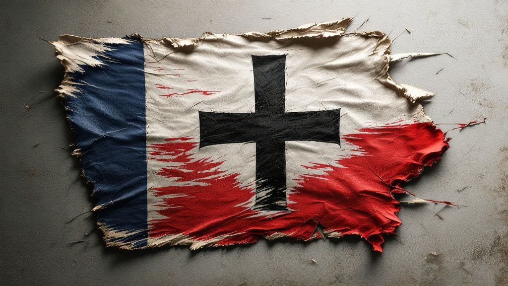 A tattered and stained American flag draped on a surface, with the blue field and stars replaced by a large, bold black Christian cross, symbolizing the fusion of Christian identity and national identity discussed in the context of Christian Nationalism.