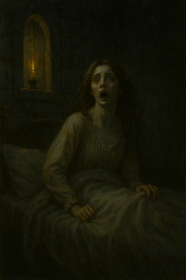 Ireena wakes in terror in the back room of St. Andral's Church. The room is dimly lit by a single candle, casting long shadows across the stone walls and wooden beams. She sits upright in a simple bed, clutching the blanket to her chest, eyes wide with fear. Her hair is tousled, and sweat glistens on her brow. The door to the room is slightly ajar, and beyond it, the hallway is cloaked in darkness. The atmosphere is tense, intimate, and filled with dread.