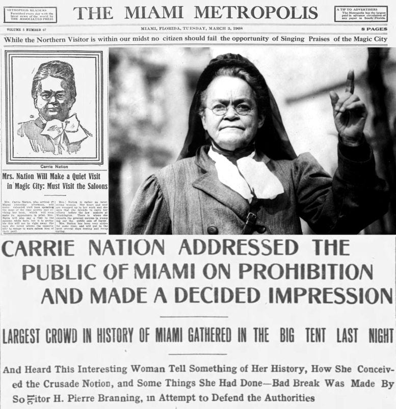 Composite of newspaper clippings and photograph of Carrie Nation during her visit to Miami in 1908. Composite of newspaper clippings and photograph of Carrie Nation during her visit to Miami in 1908.
