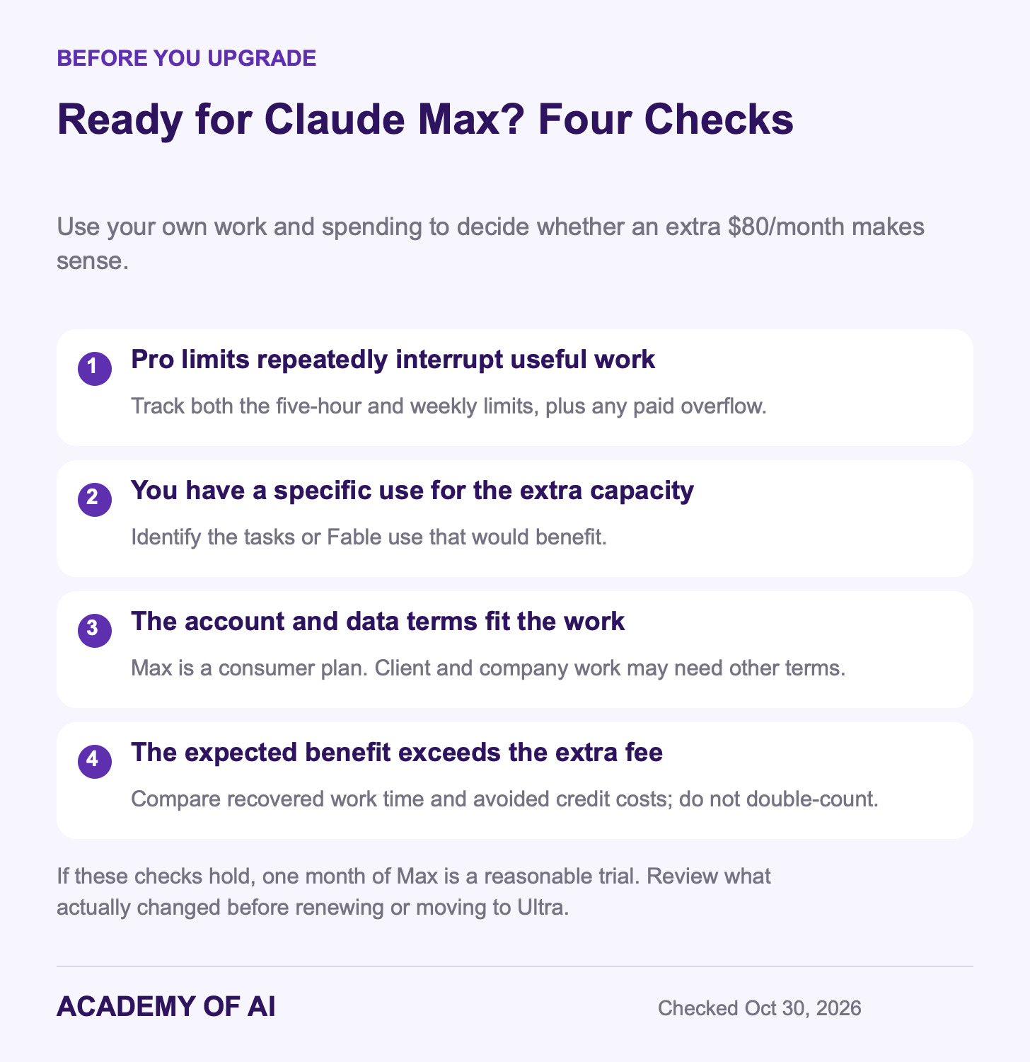 Four checks before upgrading to Claude Max: recurring interruptions, a specific use for capacity, suitable data terms and benefits greater than the added fee. Four checks before upgrading to Claude Max: recurring interruptions, a specific use for capacity, suitable data terms and benefits greater than the added fee.