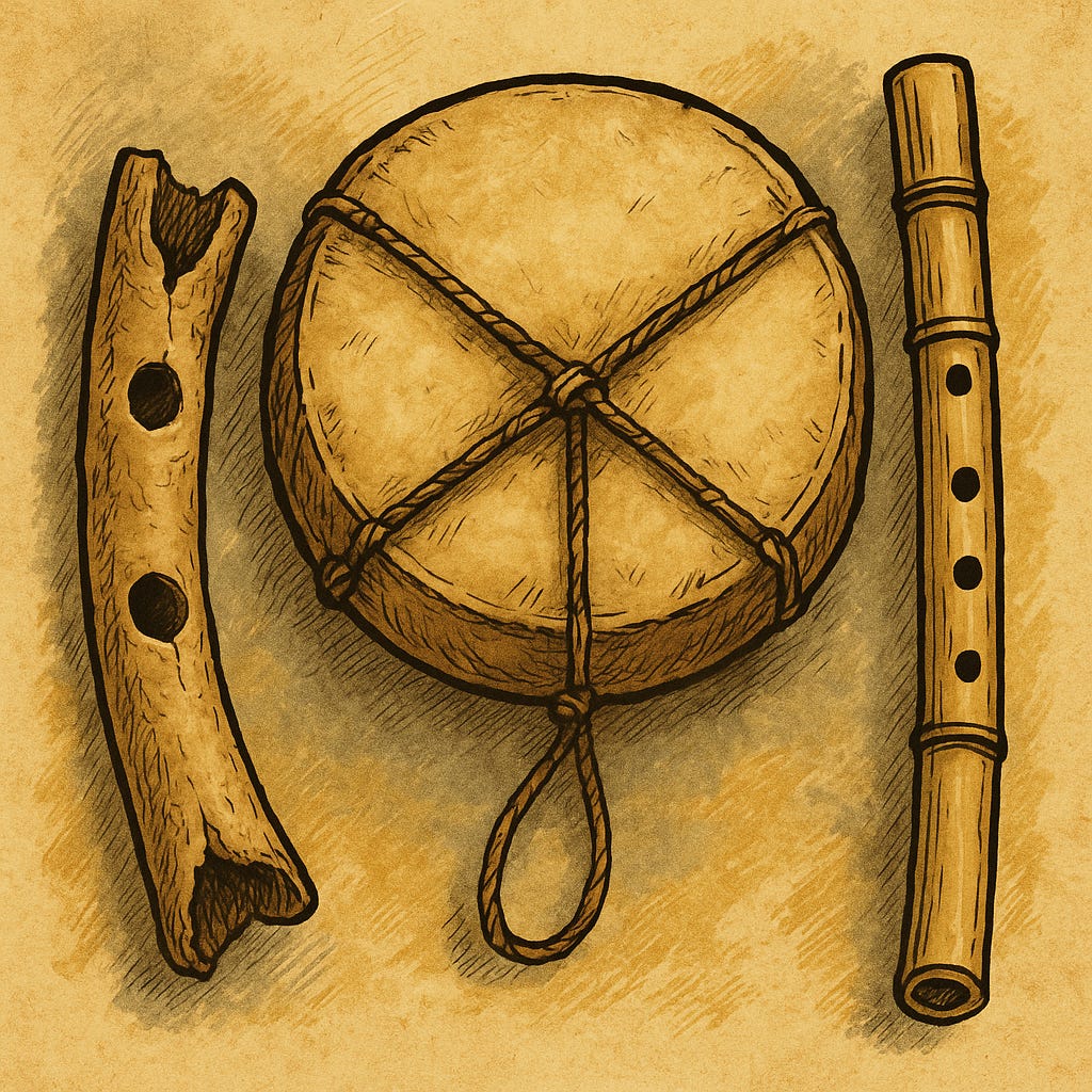 Illustration of three prehistoric instruments