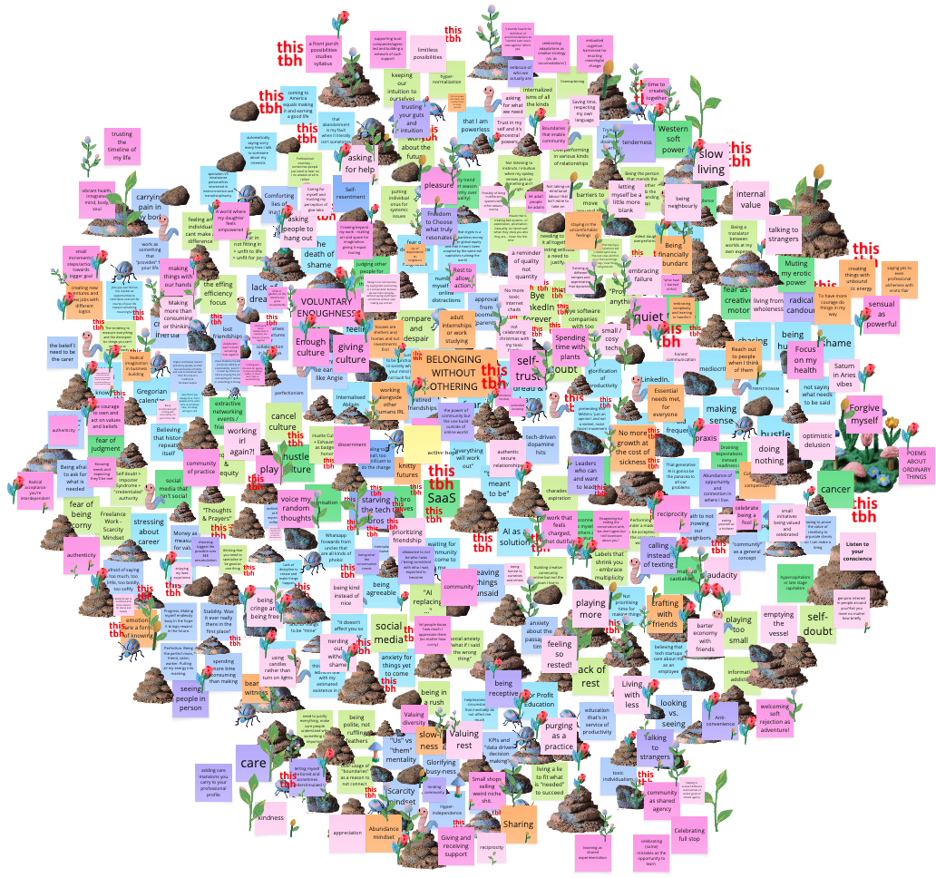 the funeral garden - full of multicolored sticky notes, dirt piles covering what was buried, and flowers signifying what emerged from the soil