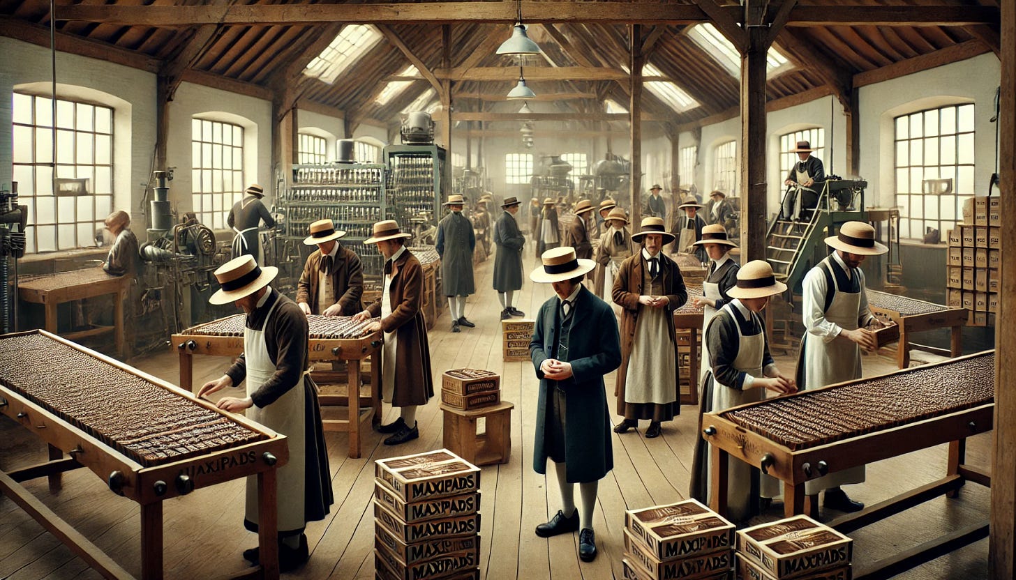 A group of Quakers, dressed in traditional Quaker attire with broad-brimmed hats and plain clothing, are working in a well-lit, clean factory. They are manufacturing maxipads and chocolate bars, carefully assembling and packaging the products with a sense of craftsmanship and care. The factory has an old-fashioned yet efficient design, with wooden beams and a warm, welcoming atmosphere. Shelves filled with neatly stacked products line the walls. Some Quakers discuss quality control, while others operate machinery with a calm and focused demeanor.