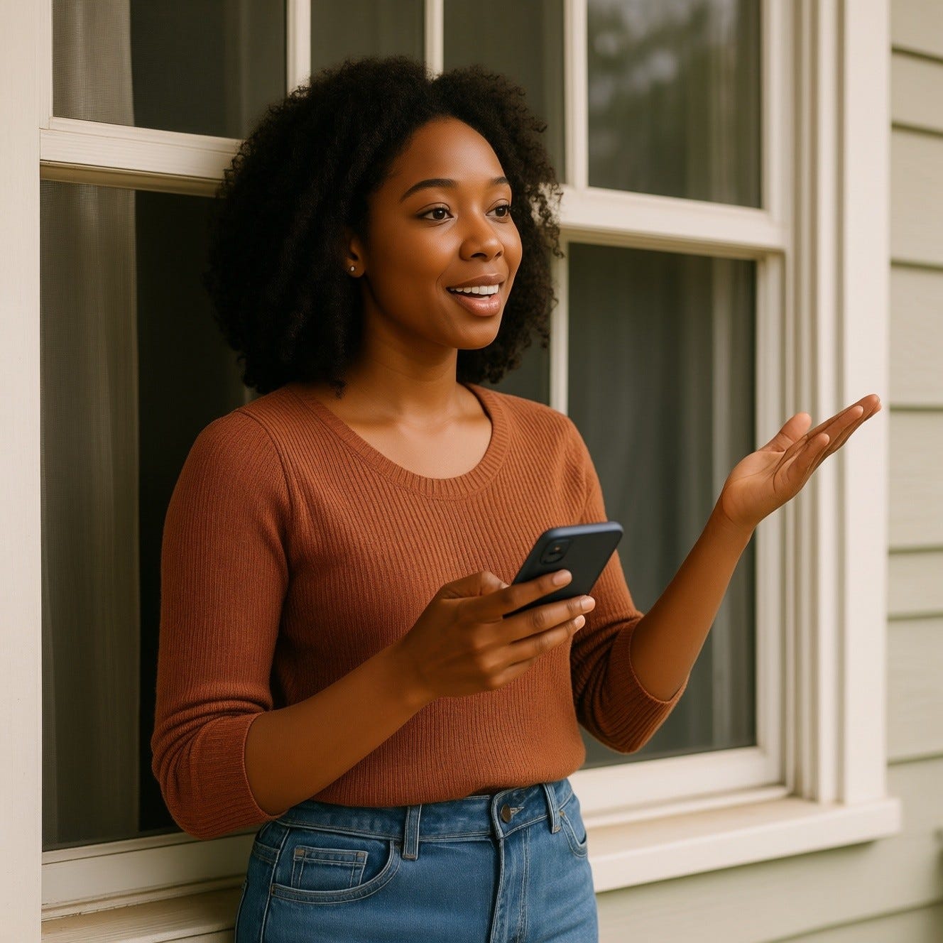 Provide me a realistic image of a young African American woman standing at the window on the porch saying her declaration with her cell phone Provide me a realistic image of a young African American woman standing at the window on the porch saying her declaration with her cell phone