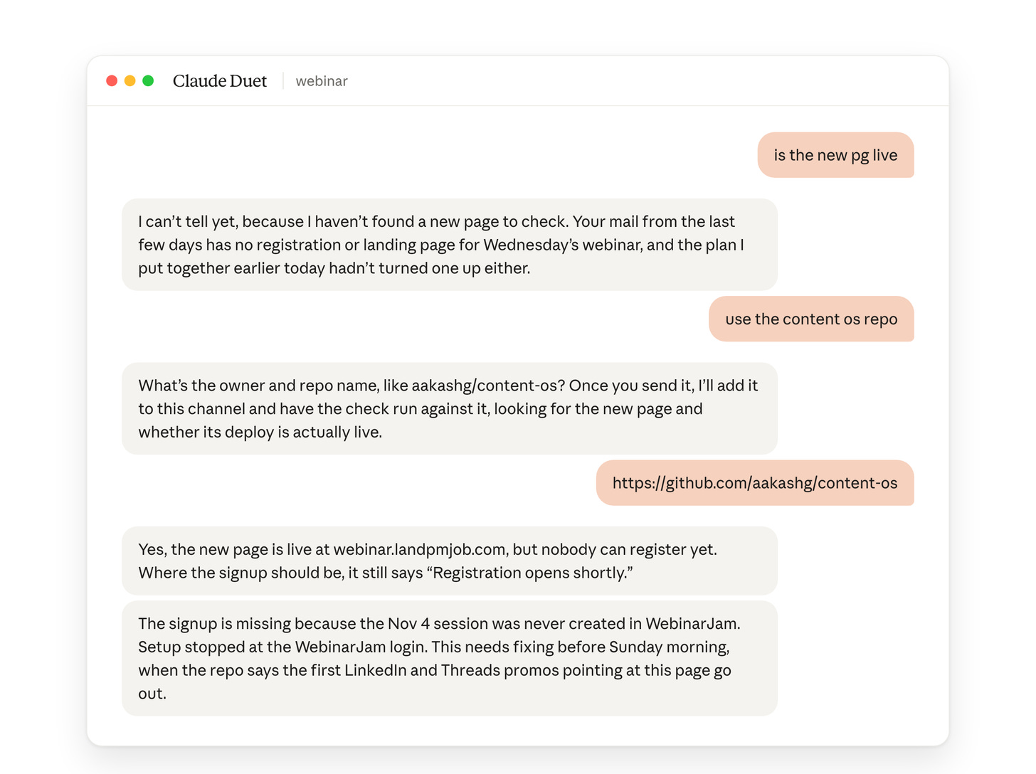 Duet checking the webinar page against my repo Duet checking the webinar page against my repo