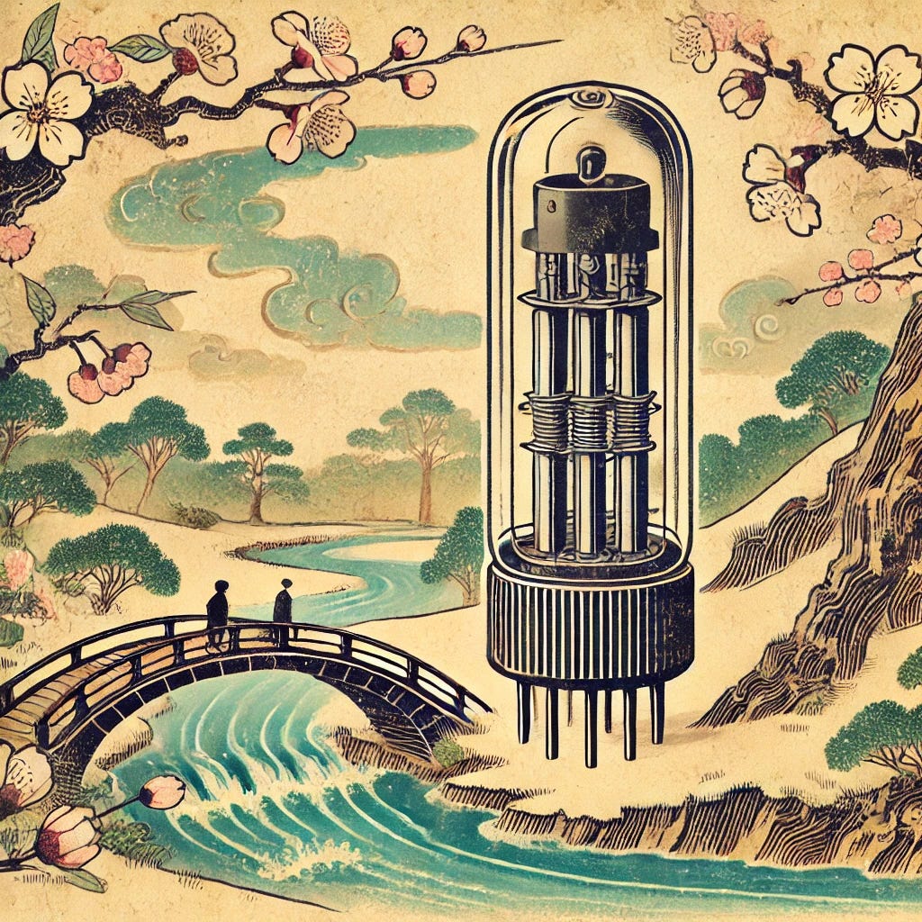 A traditional Japanese ukiyo-e woodblock painting depicting a vintage vacuum tube in a serene Edo-era landscape. The vacuum tube is abstractly stylized to blend harmoniously with the traditional elements, such as cherry blossoms, a wooden bridge, and a flowing river. The artwork features muted, natural colors and the textured, uneven lines of hand-carved woodblock prints, with visible grain and imperfections. Emphasize the aged, handcrafted aesthetic typical of historical Japanese art, including ink bleeding and subtle asymmetries that evoke a sense of wabi-sabi. A traditional Japanese ukiyo-e woodblock painting depicting a vintage vacuum tube in a serene Edo-era landscape. The vacuum tube is abstractly stylized to blend harmoniously with the traditional elements, such as cherry blossoms, a wooden bridge, and a flowing river. The artwork features muted, natural colors and the textured, uneven lines of hand-carved woodblock prints, with visible grain and imperfections. Emphasize the aged, handcrafted aesthetic typical of historical Japanese art, including ink bleeding and subtle asymmetries that evoke a sense of wabi-sabi.