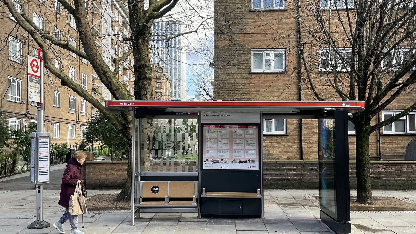 Photo showing side on shot of bus shelter by Southwark station. Photo showing side on shot of bus shelter by Southwark station.