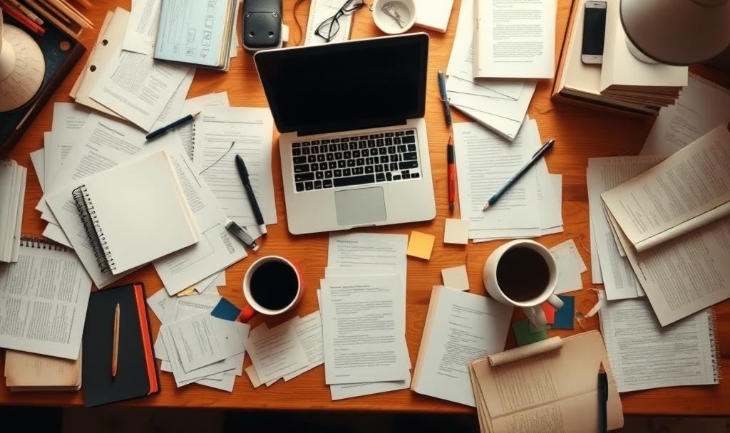 A cluttered writer's desk from above, showing an open laptop, scattered papers, multiple notebooks, sticky notes, and a coffee cup, warm natural lighting, cozy but chaotic creative workspace, overwhelmed multi-tasking author aesthetic, soft focus, inviting tones