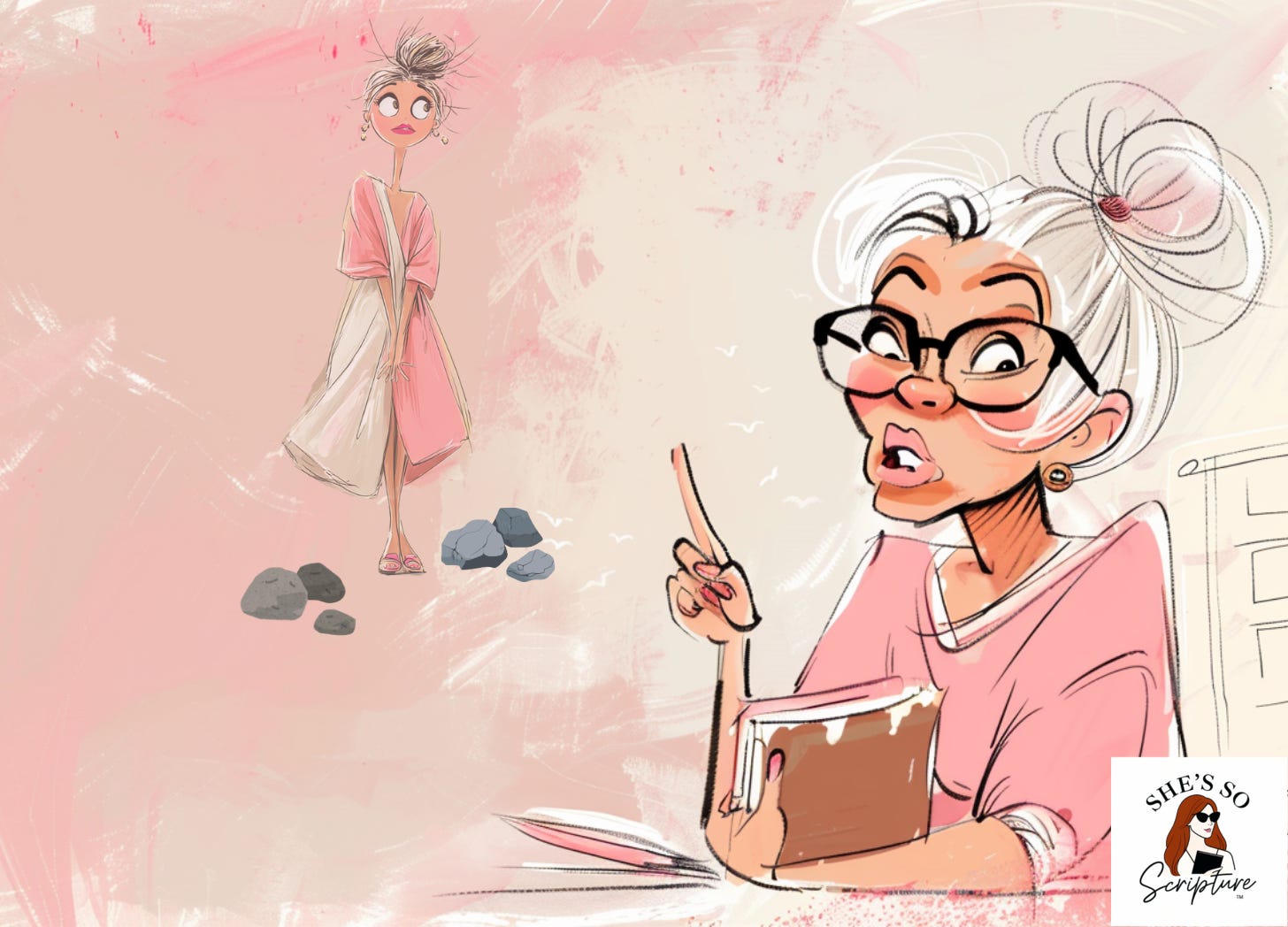 An older woman with gray hair at a desk in a classroom, holding a book and pointing to an image of a woman standing in front of stones on the ground An older woman with gray hair at a desk in a classroom, holding a book and pointing to an image of a woman standing in front of stones on the ground