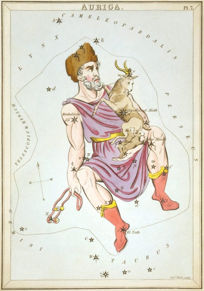 Antique colored etching of man in Greek garb holding 3 small goats, with scattered black stars all over.