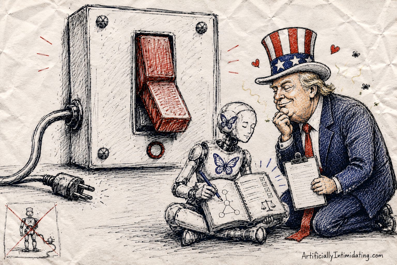 AI-generated editorial cartoon in a hand-drawn sketch style showing Uncle Sam seated at a negotiation table with an Anthropic-inspired robot. A giant red OFF switch behind them has already been flipped, disconnecting the robot, yet the robot is handing Uncle Sam a pencil while he holds a blank rulebook. The illustration highlights the irony of regulators relying on AI companies to help define AI safety standards after restricting their most advanced models.