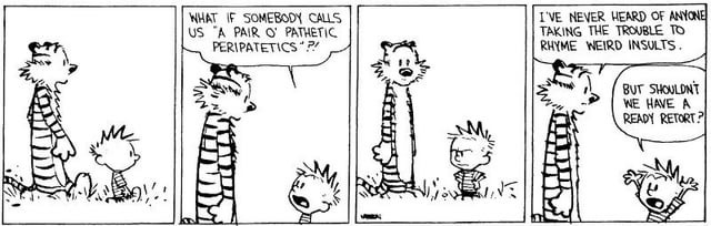 r/calvinandhobbes - WHAT IF SOMEBODY CALLS US "A PAIR 'O PATHETIC PERIPATETICS.? ?! I'VE NEVER HEARD OF ANYONE TAKING THE TROUBLE TO RHYME WEIRD INSULTS. BUT SHOULDN'T WE HAVE A READY RETORT? M DA