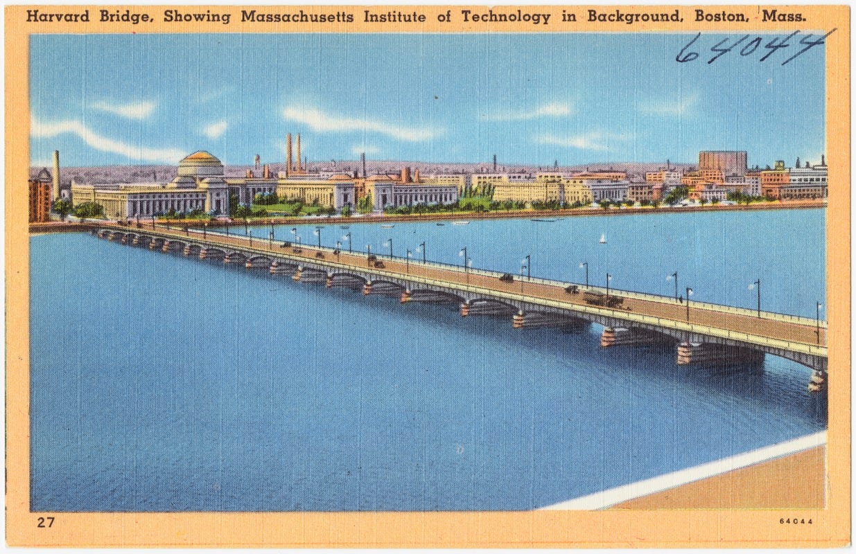 Harvard Bridge, showing Massachusetts Institute of Technology in background, Boston, Mass. Harvard Bridge, showing Massachusetts Institute of Technology in background, Boston, Mass.
