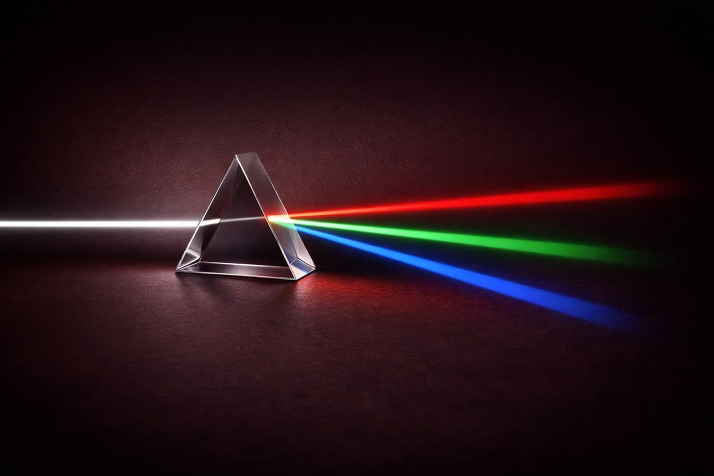 A prism diffracts a beam of white light into three distinct components (red, green and blue).