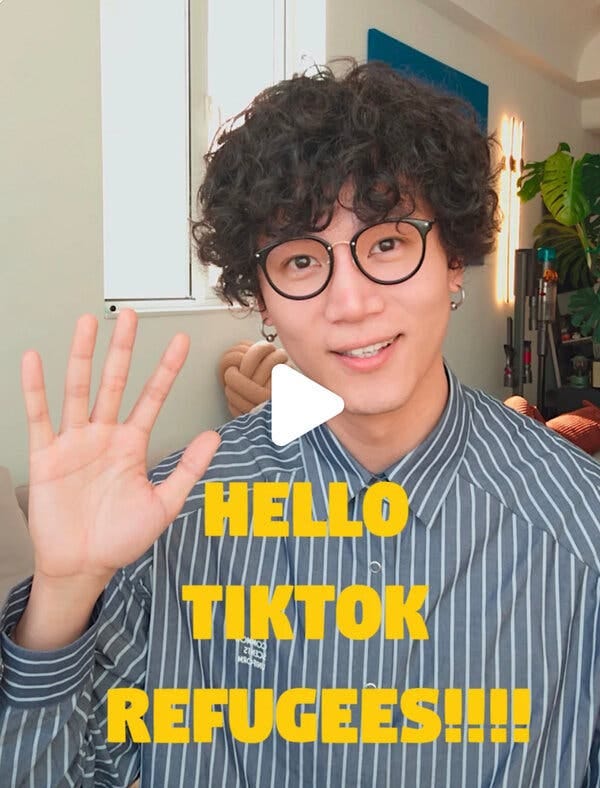 A young man in a striped shirt waves at the camera, with the words “Hello TikTok Refugees” superimposed on him.