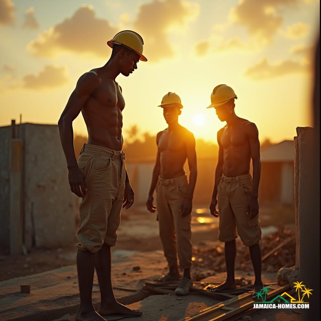 Cinematic film still, shot on v-raptor XL, capturing three beautiful Jamaican builders diligently working on a construction site beneath a vibrant, sun-drenched sky. Film grain, vignette, and professional color grading enhance the atmospheric, masterpiece quality. Cinematic lighting casts dramatic shadows, highlighting the texture of raw materials and the focused expressions of the workers. Shot on 35mm film, this live-action scene is of the best quality, epic, and stunning.